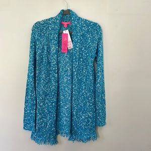 Lilly Pulitzer Turquoise Shore MAVERY CARDIGAN Raglan Fringe Size small NEW!!